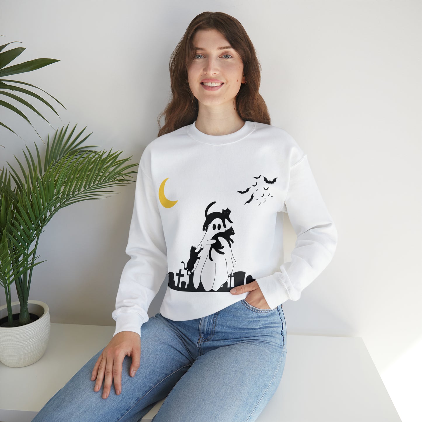 Halloween Ghost + Cats Unisex Heavy Blend™ Crewneck Sweatshirt