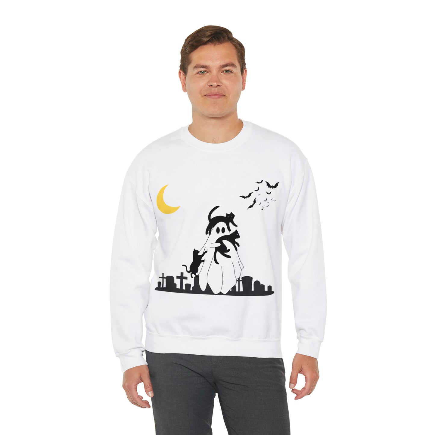 Halloween Ghost + Cats Unisex Heavy Blend™ Crewneck Sweatshirt