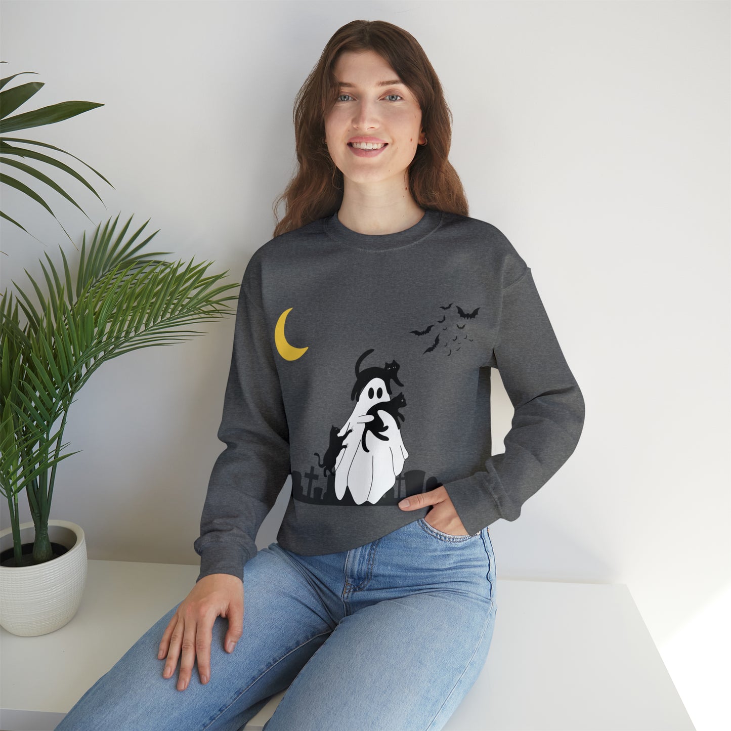 Halloween Ghost + Cats Unisex Heavy Blend™ Crewneck Sweatshirt