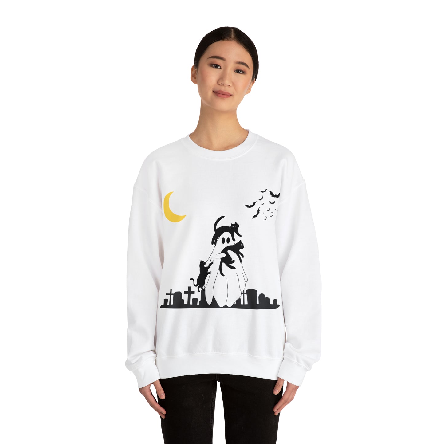 Halloween Ghost + Cats Unisex Heavy Blend™ Crewneck Sweatshirt