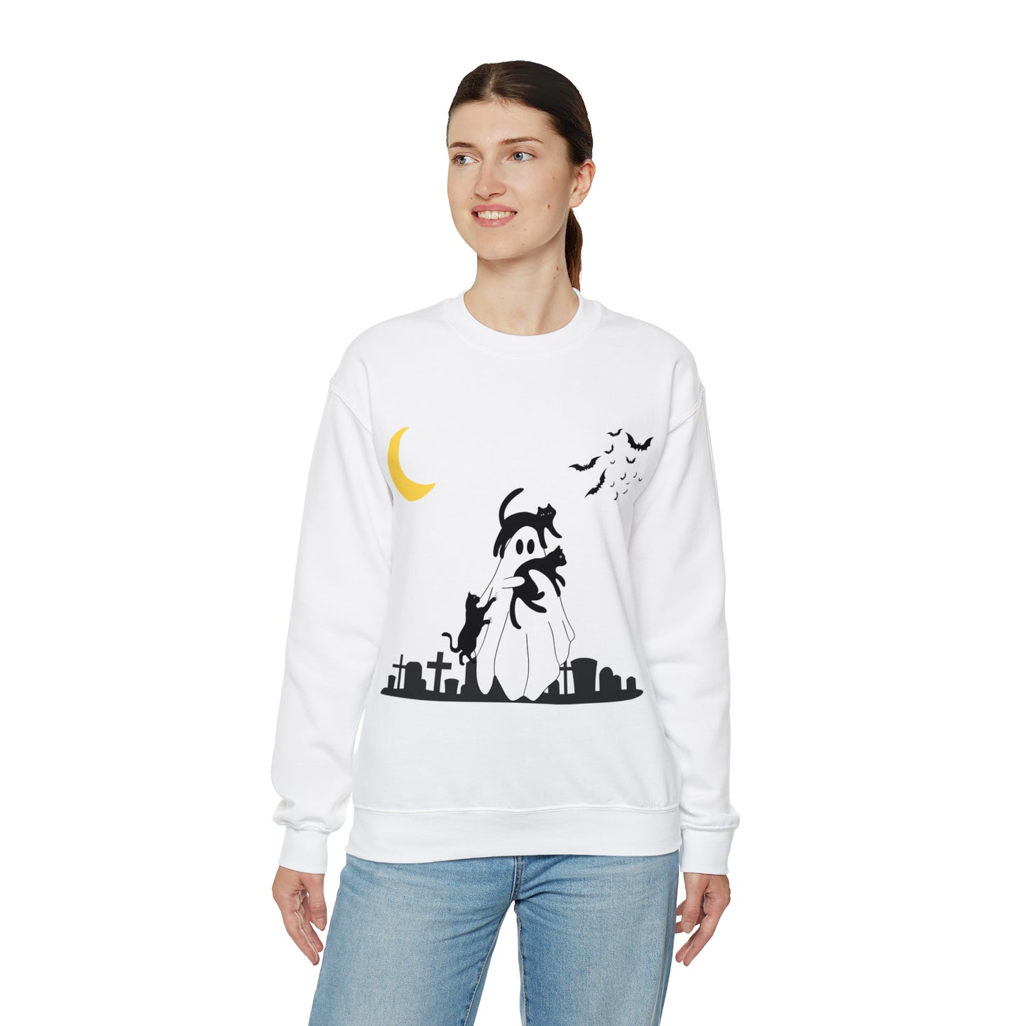 Halloween Ghost + Cats Unisex Heavy Blend™ Crewneck Sweatshirt